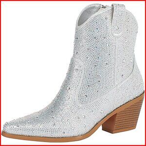 Rhinestone Cowboy Boots Chunky Heel Sparkly Ankle Boots Pointed Toe